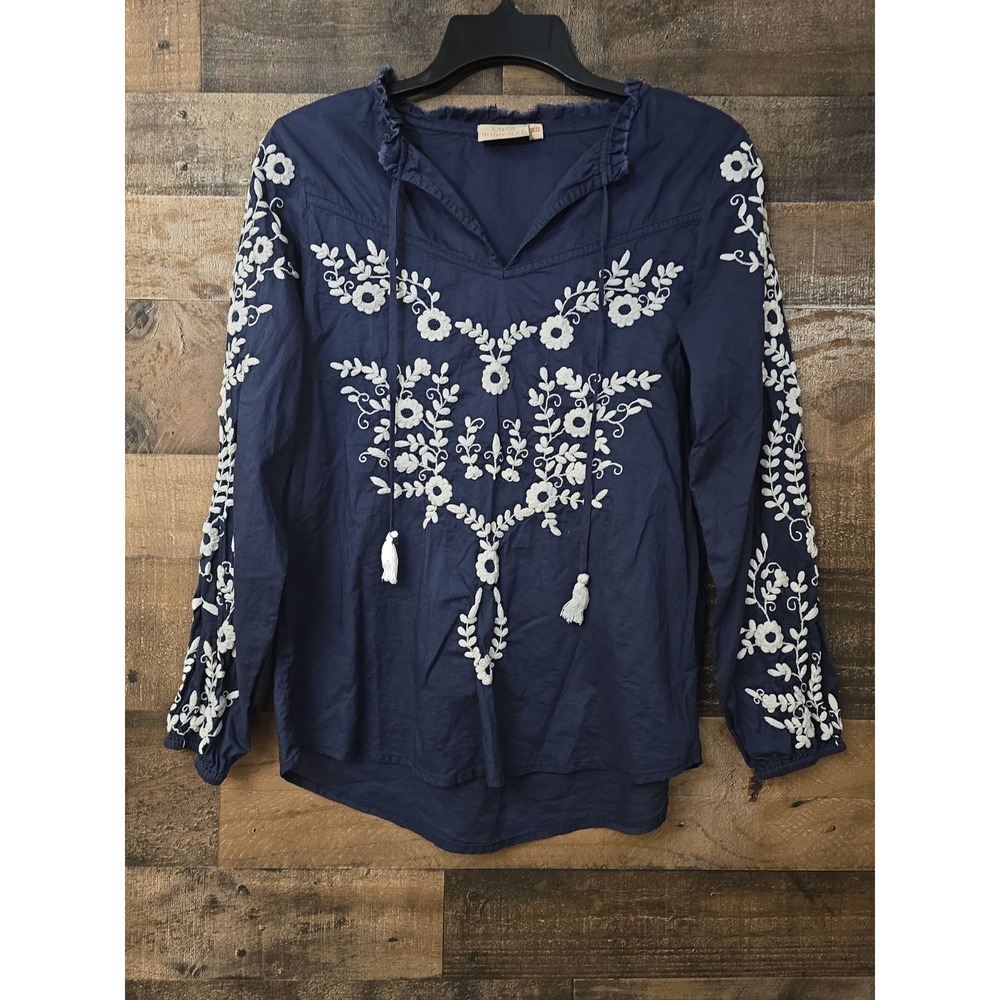 Rungolee Embroidered BOHO Top Navy Tassels Size XS Peasant Hippie Cottagecore